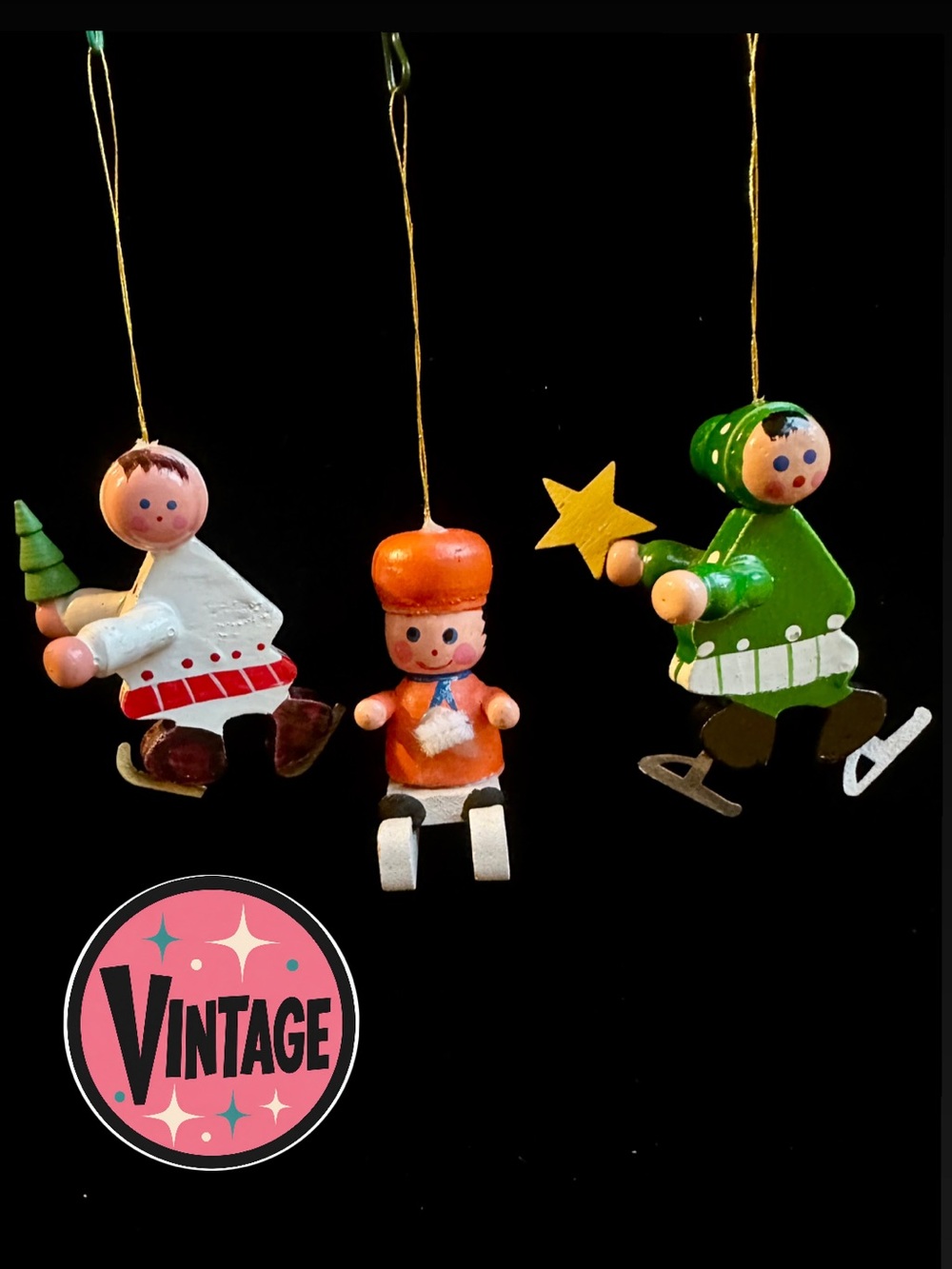 Vtg 1970s–80s Wooden Ice Skating & Sledding Children Christmas Ornaments LOT